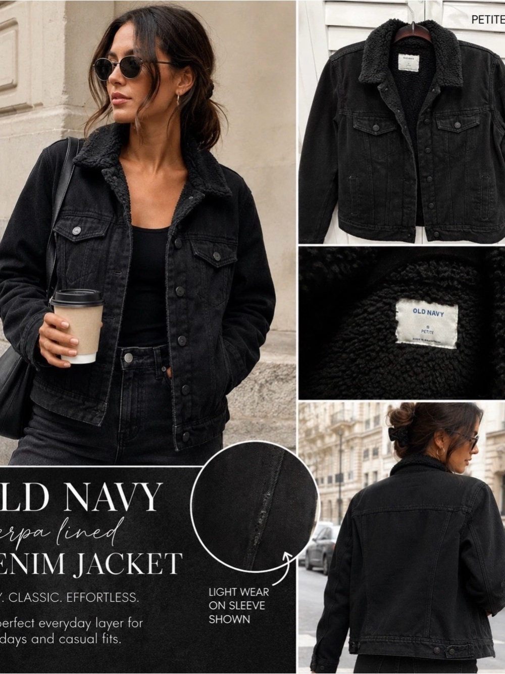 Old Navy Jacket Women’s Small Petite Black Cozy Y2K Trucker Sherpa Lined Denim